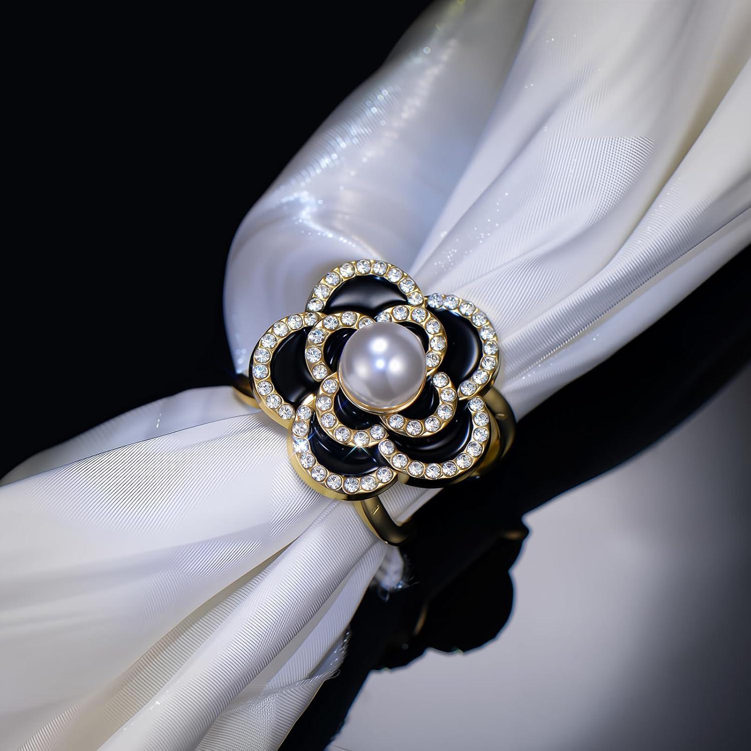 Anillo para Bufanda Camelia Baño de Oro con Perlas y Strass