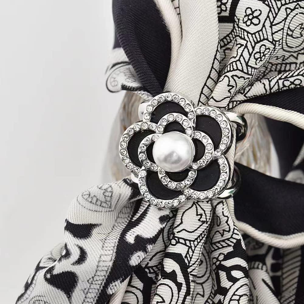 Anillo para Bufanda Camelia Baño de Oro con Perlas y Strass