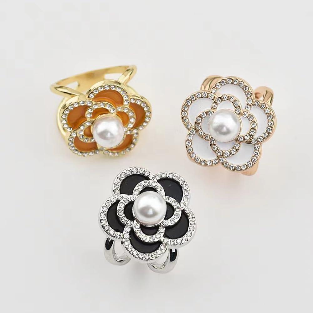 Anillo para Bufanda Camelia Baño de Oro con Perlas y Strass