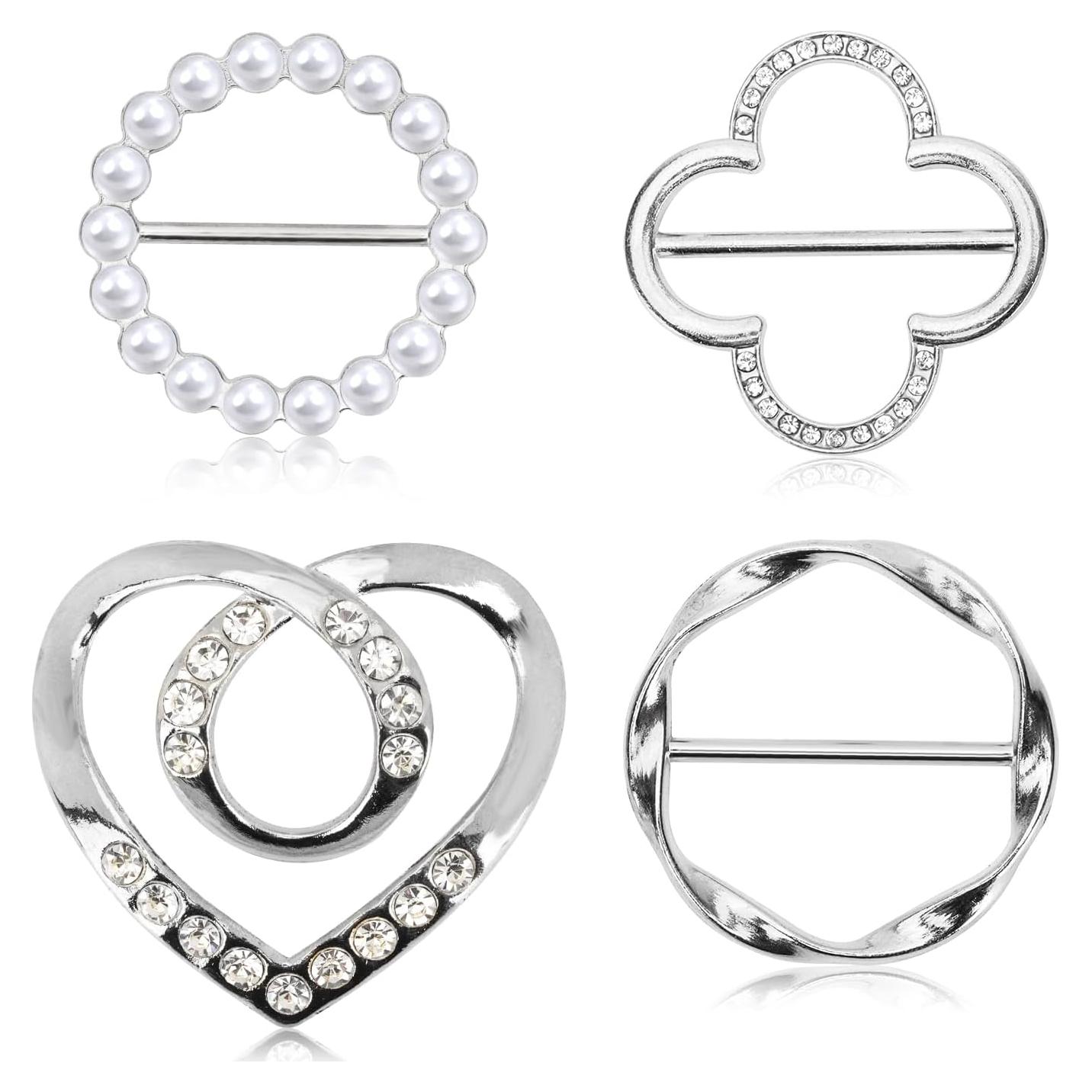 4 Clips de Bufanda Dorados con Rhinestones y Perlas - Moda Femenina