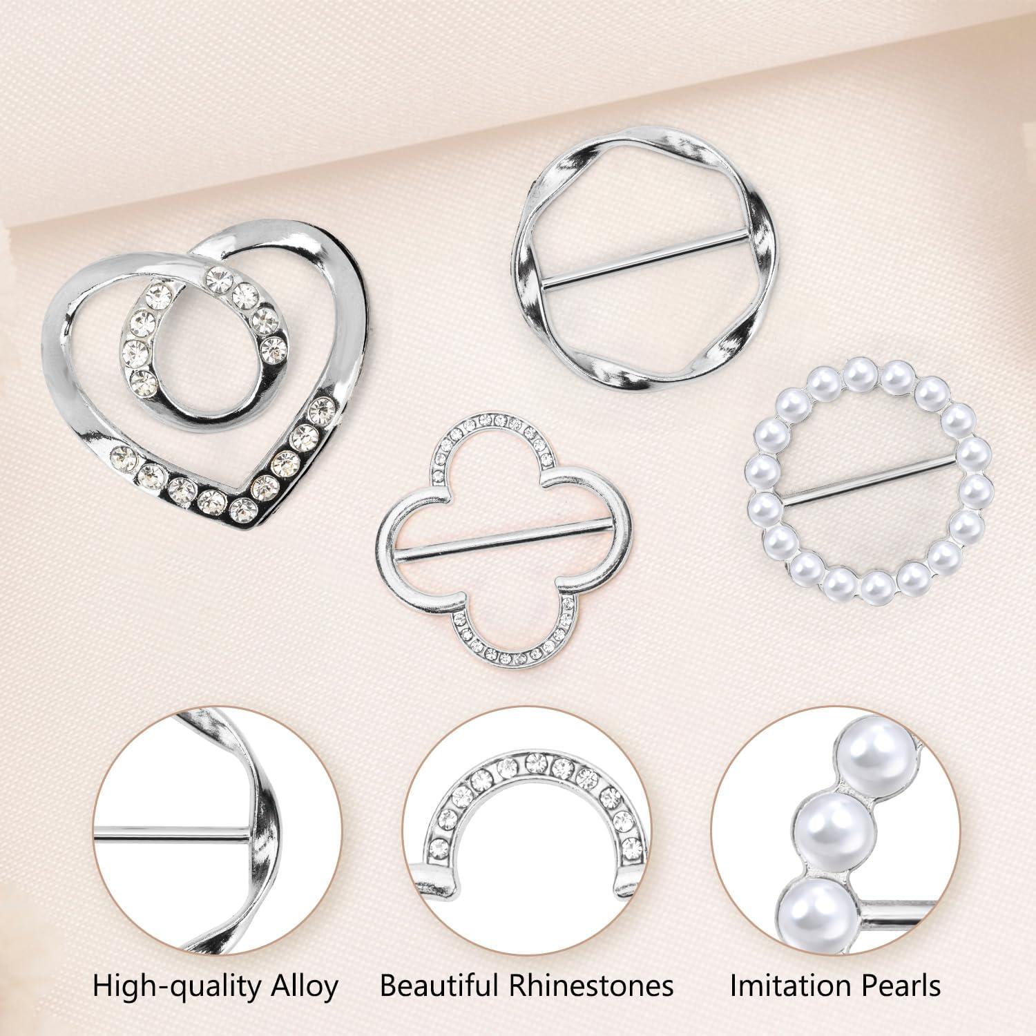 4 Clips de Bufanda Dorados con Rhinestones y Perlas - Moda Femenina