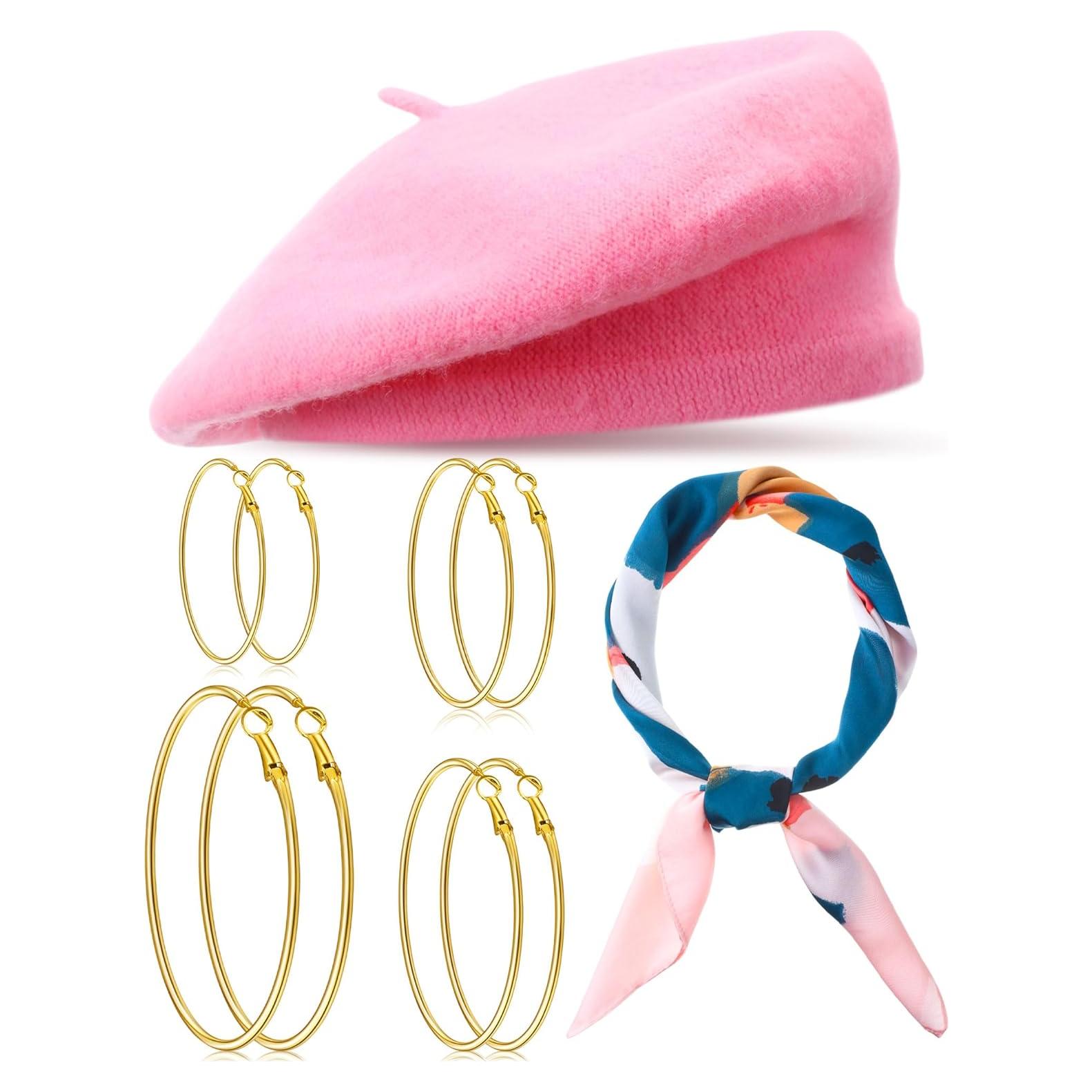Conjunto de Bufanda de Seda y Sombrero Beret Rosa Shyyween