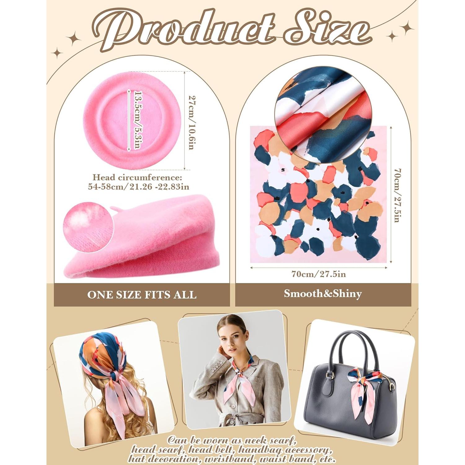 Conjunto de Bufanda de Seda y Sombrero Beret Rosa Shyyween
