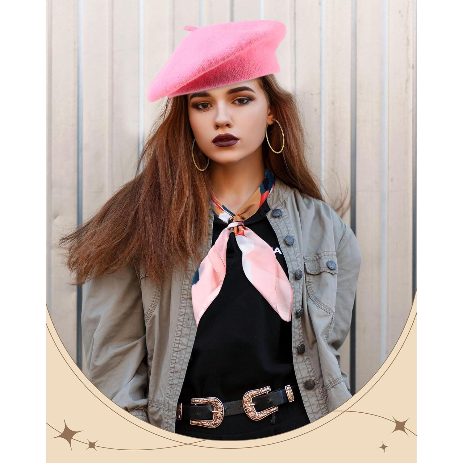 Conjunto de Bufanda de Seda y Sombrero Beret Rosa Shyyween