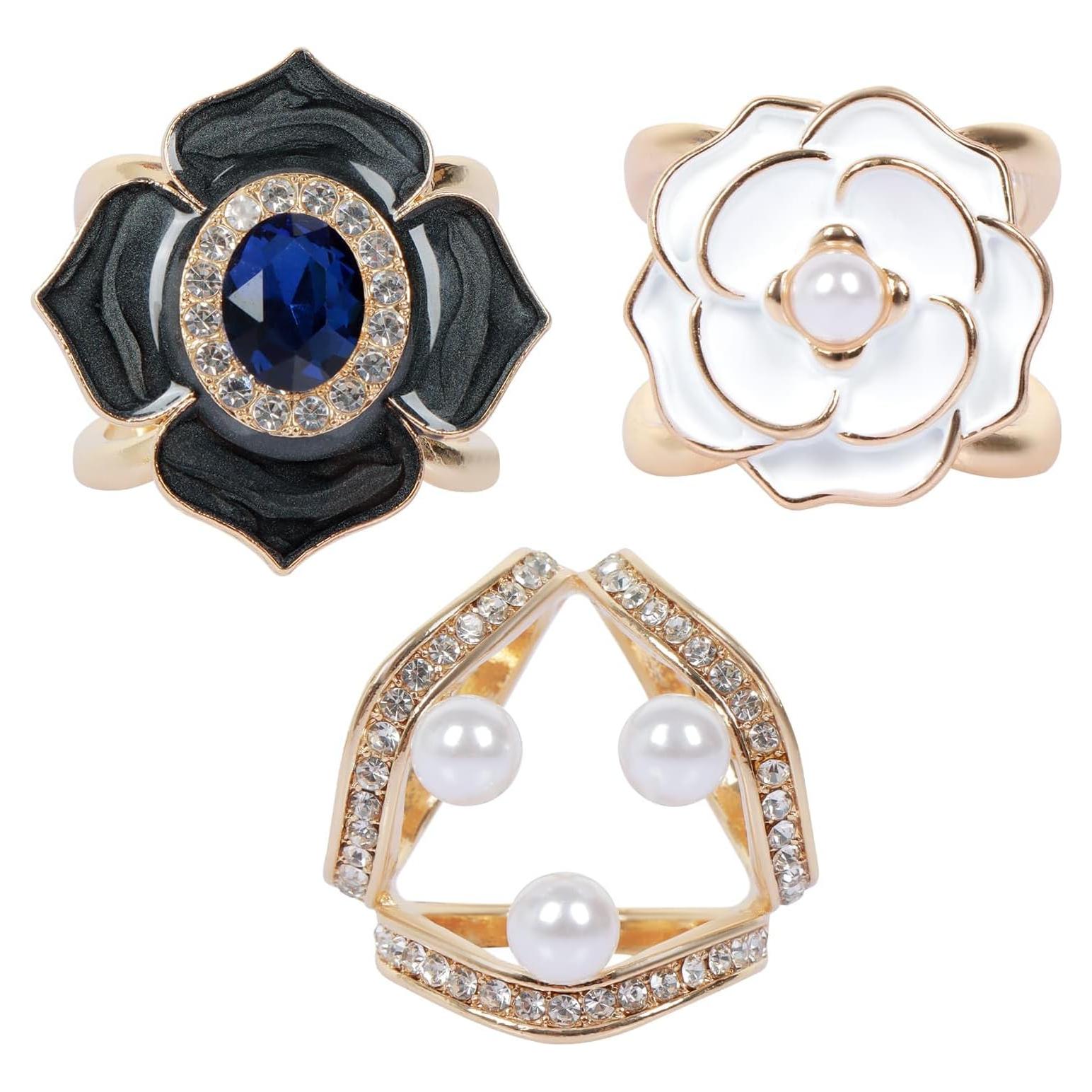 3 Clips de Bufanda de Strass JasperKino - Elegantes Anillos Plateados