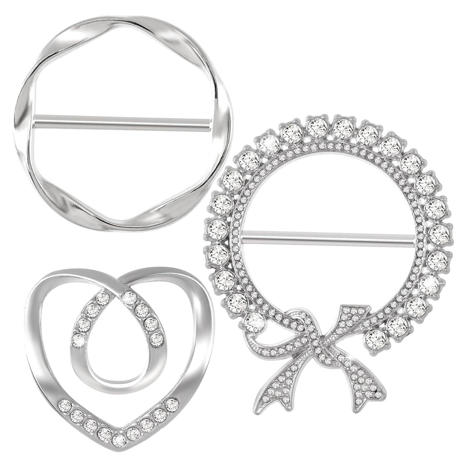 3 Clips de Bufanda Plateados con Rhinestone para Mujeres