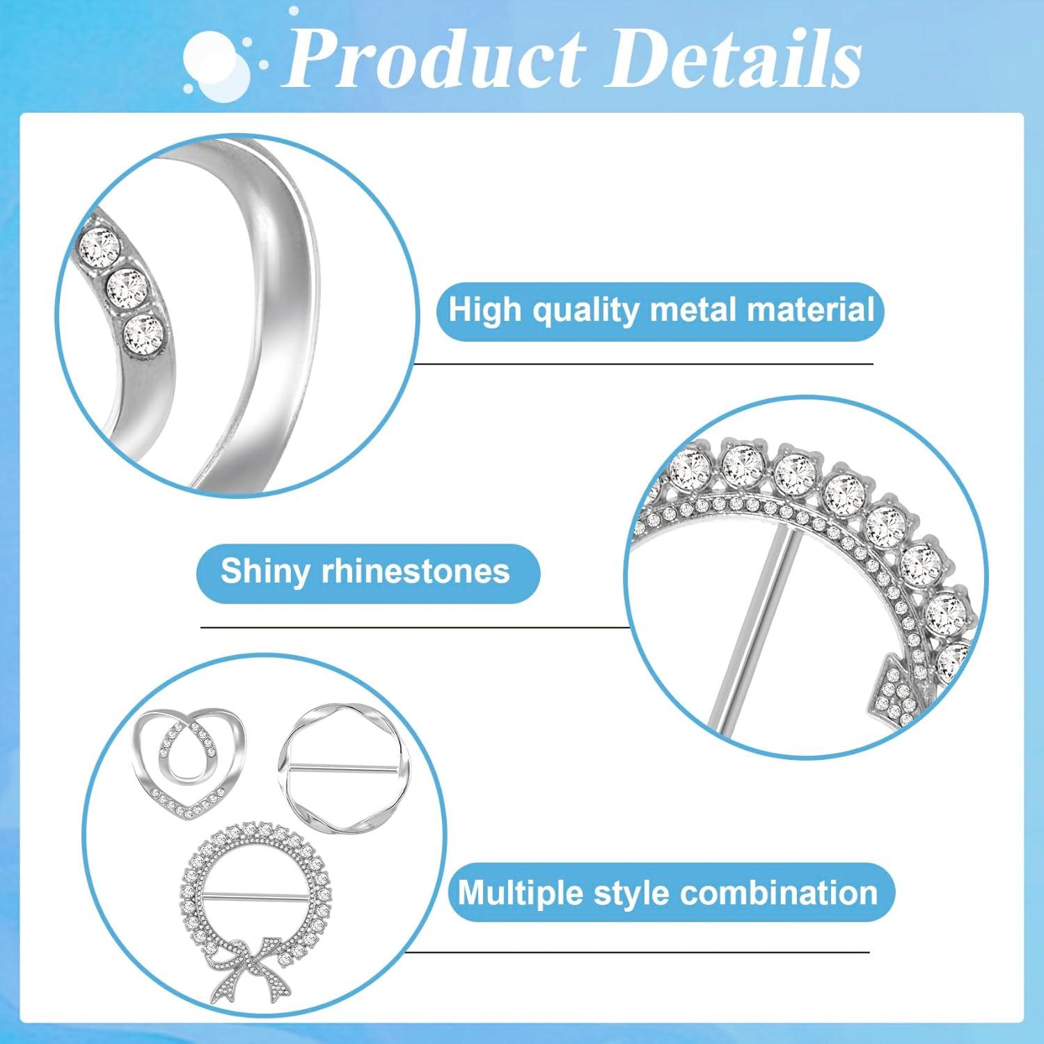 3 Clips de Bufanda Plateados con Rhinestone para Mujeres