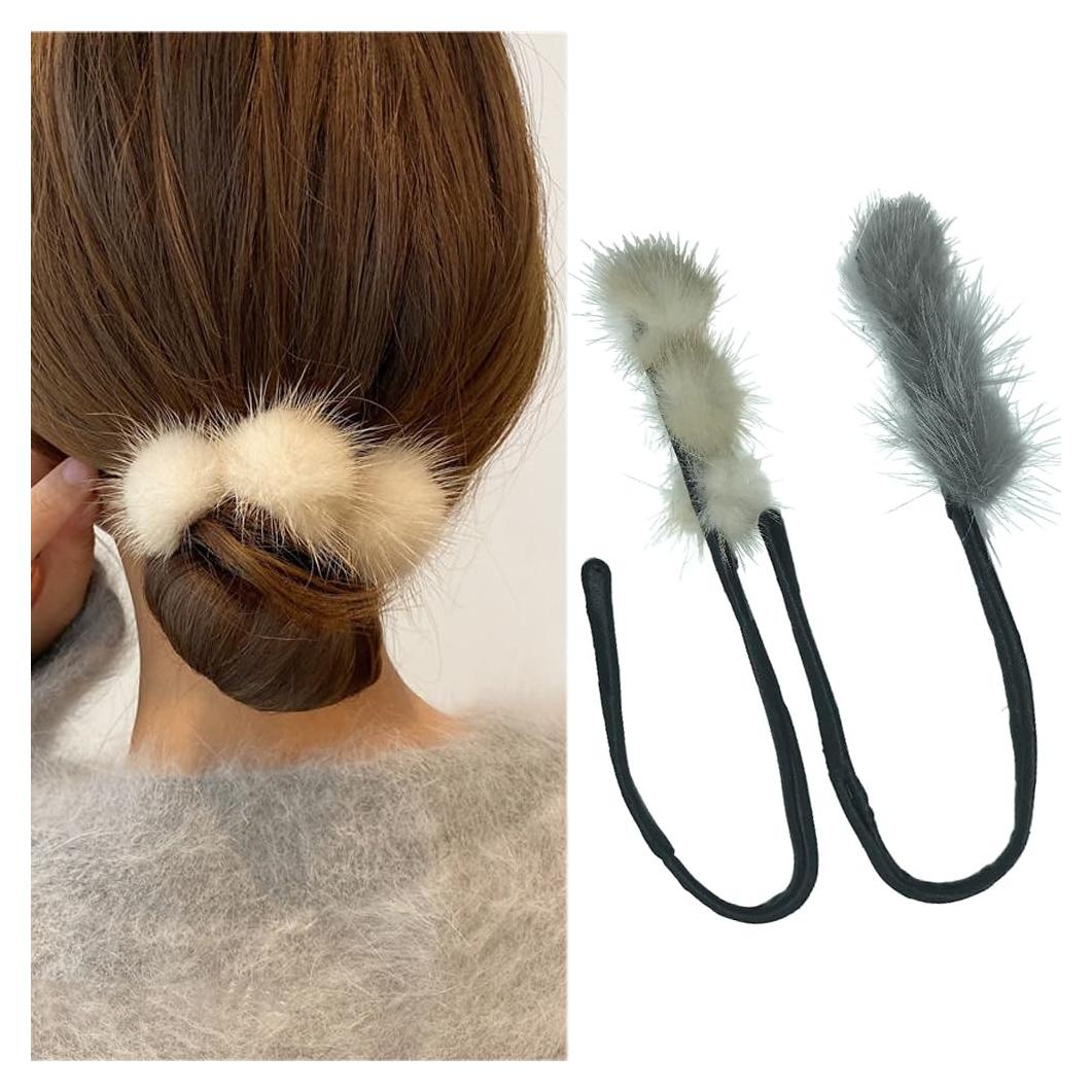 2PCS Hair Bun Maker French Donut Hairstyle Twist Bun Maker with Pompon Decoration Vintage Ponytail Maker Bun Shaper Hair Modelling Tool Cute Hair Accessories For Women Girls(gray+beige）