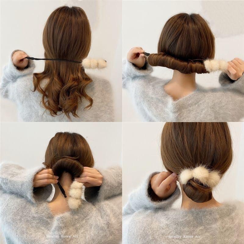 2PCS Hair Bun Maker French Donut Hairstyle Twist Bun Maker with Pompon Decoration Vintage Ponytail Maker Bun Shaper Hair Modelling Tool Cute Hair Accessories For Women Girls(gray+beige）