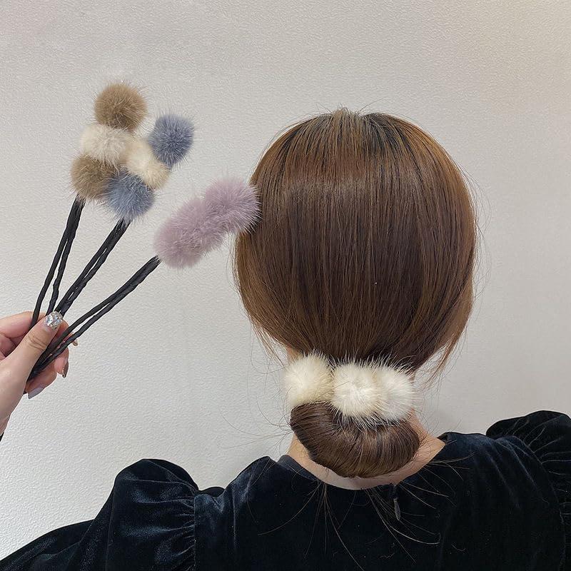 2PCS Hair Bun Maker French Donut Hairstyle Twist Bun Maker with Pompon Decoration Vintage Ponytail Maker Bun Shaper Hair Modelling Tool Cute Hair Accessories For Women Girls(gray+beige）