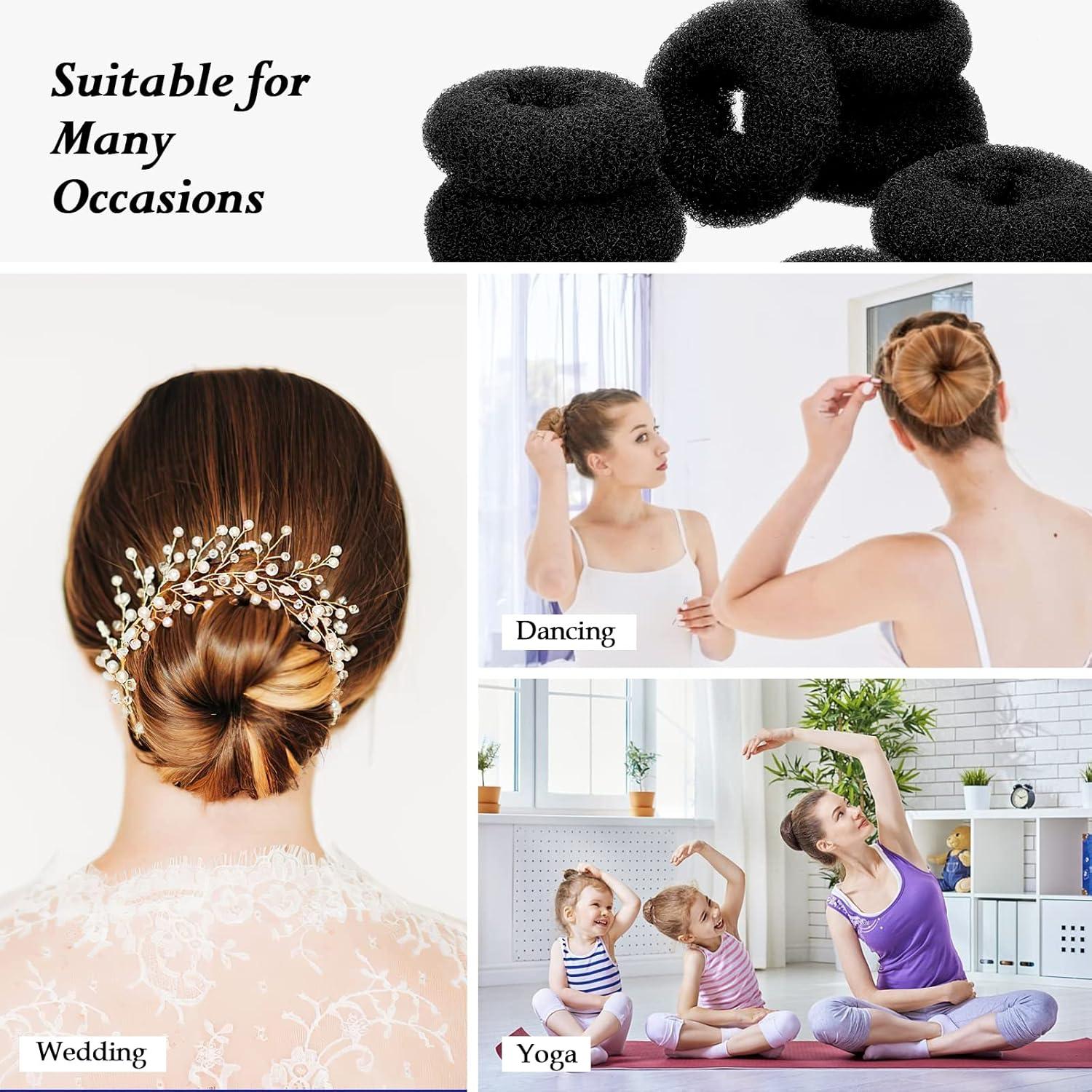 Hair Bun Maker Set 6 PCS - Ring Style Hair Bun Donut (1 L, 2 M and 3 S) with 20 Hair Bobby, Pins 5 Elastic Bands and 4 Pony Hair Tools for Long Hair (Black)