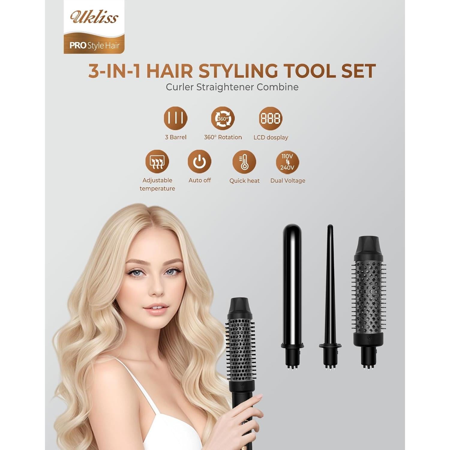 Juego de Plancha de Cabello 3 en 1 Ukliss - Varita y Cepillo Térmico