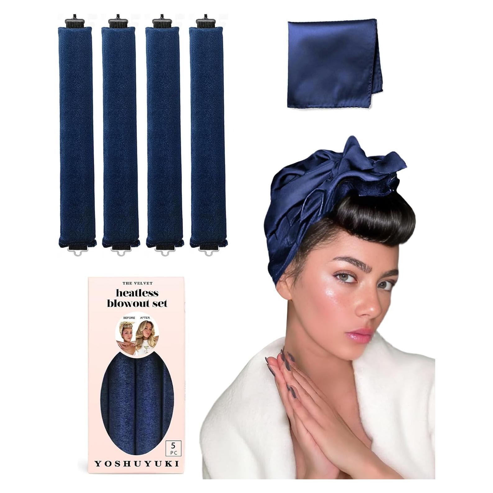 Rulos Sin Calor YOSHUYUKI Jumbo 4 Varillas Terciopelo Azul Marino