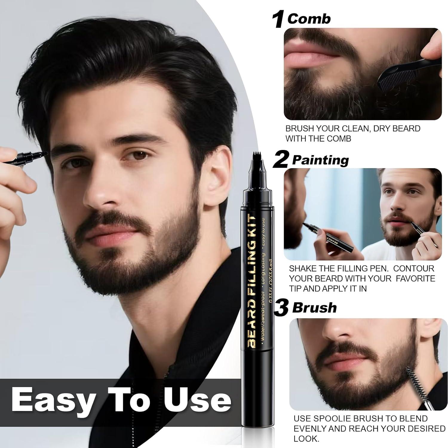 Rellenador de Barba AIHOPESTO - Lápiz Negro 4 Puntas + Cepillo