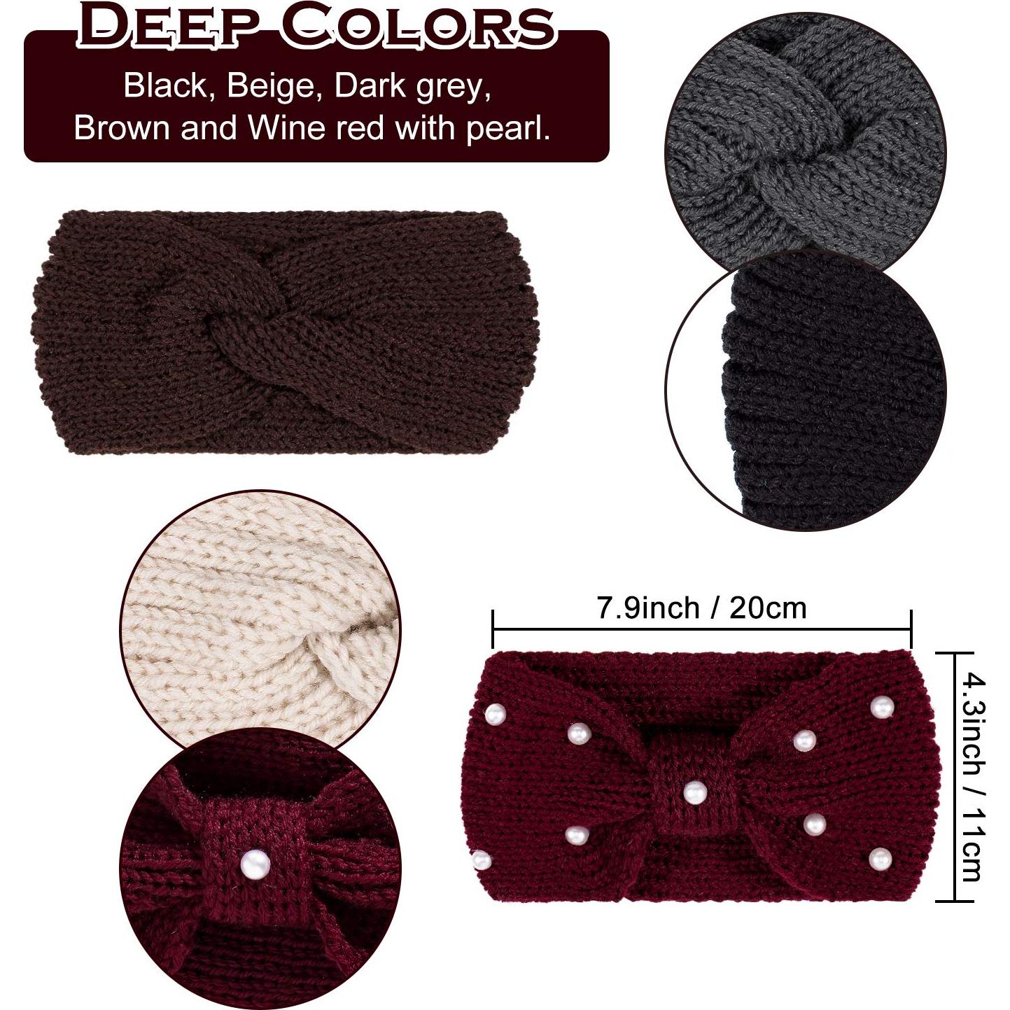 Diademas de Invierno Whaline 5 Piezas con Perlas y Punto