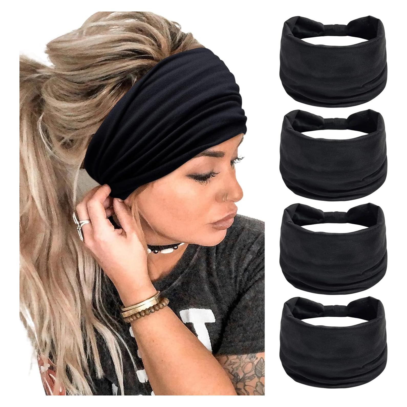 Paquete de 4 Diademas Anchas Negras Huachi para Mujeres