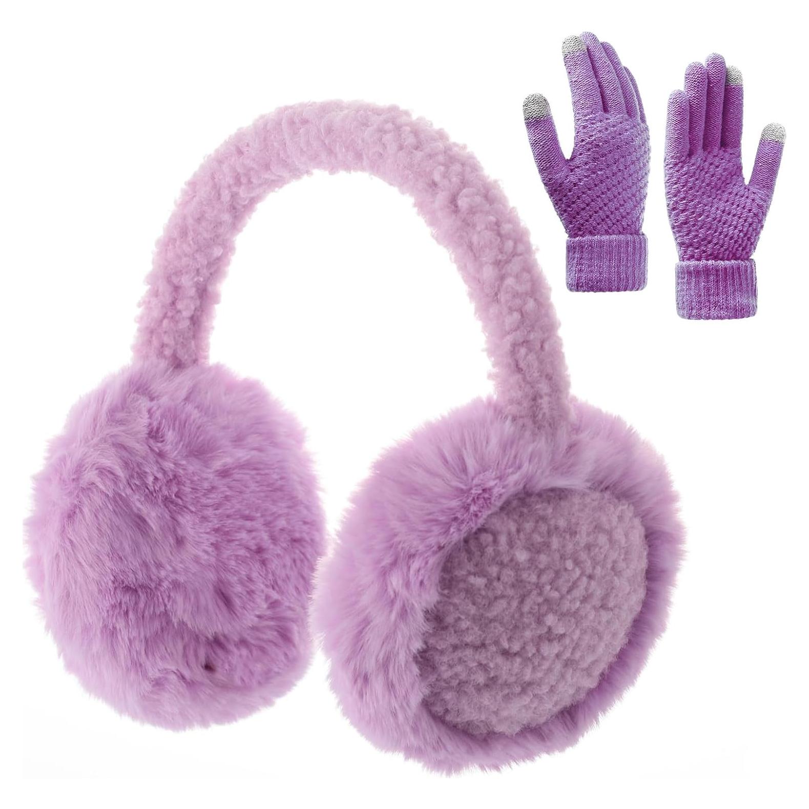 Conjunto de Orejeras de Lana y Guantes Táctiles para Mujer - Violeta