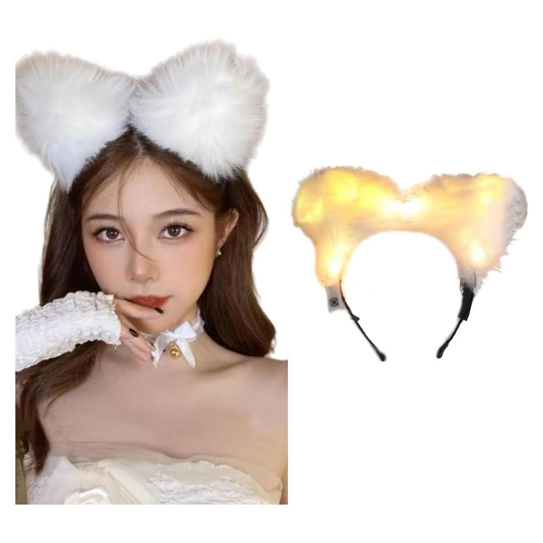 Diadema LED con Orejas de Gato Winvin - Blanca, 18x15cm