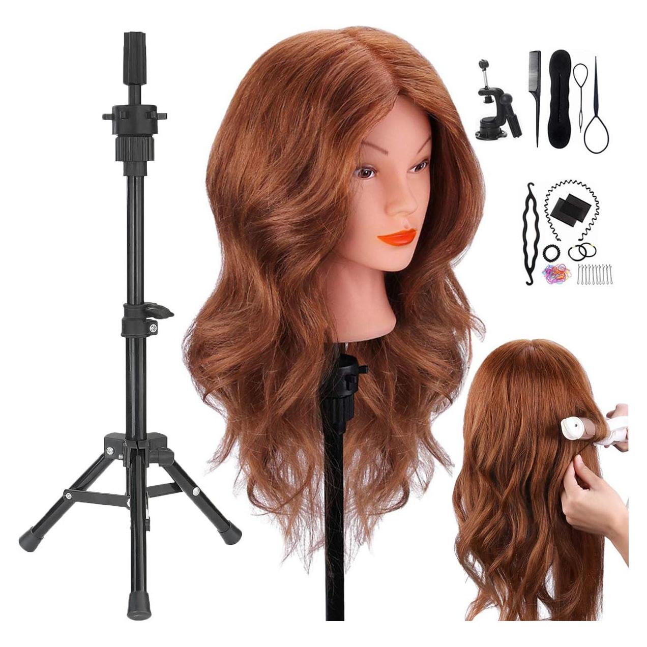 Cabeza de Maniquí con Cabello Real 45.72 cm y Soporte Trípode