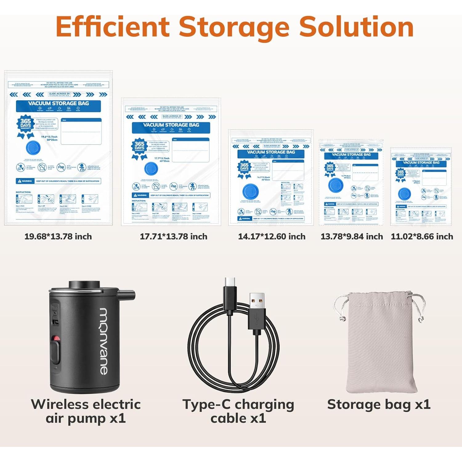 Bolsas de Almacenamiento al Vacío MONVANE 10 Piezas con Bomba