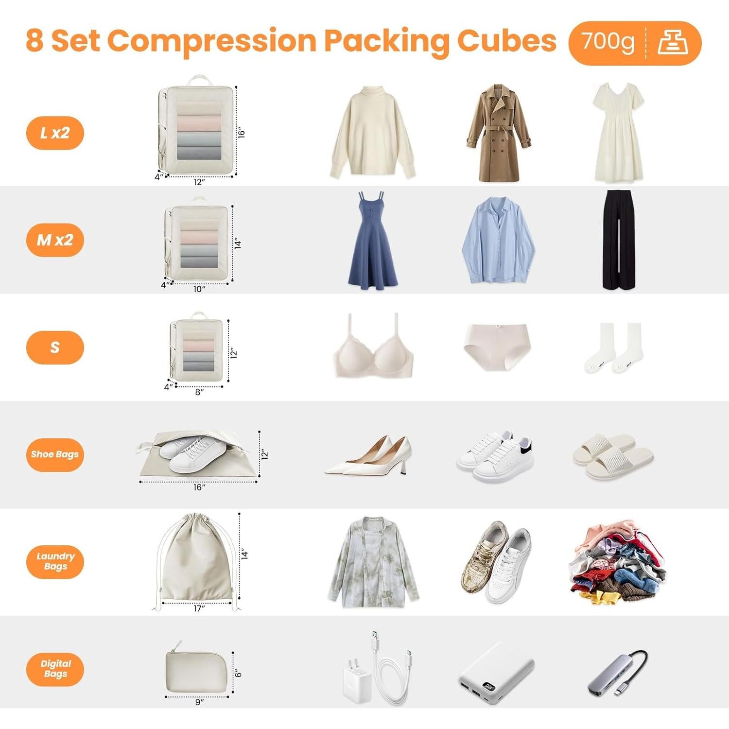 Set de 8 Cubos de Compresión AUGOSTA para Equipaje Beige