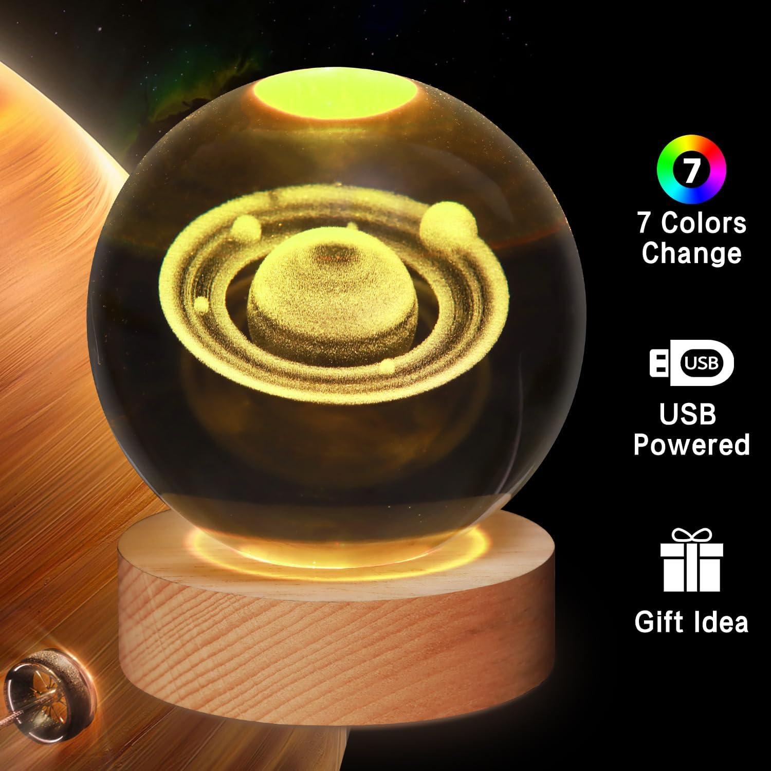 Bola de Cristal 3D Luz Nocturna Saturno 8 cm LED 7 Colores