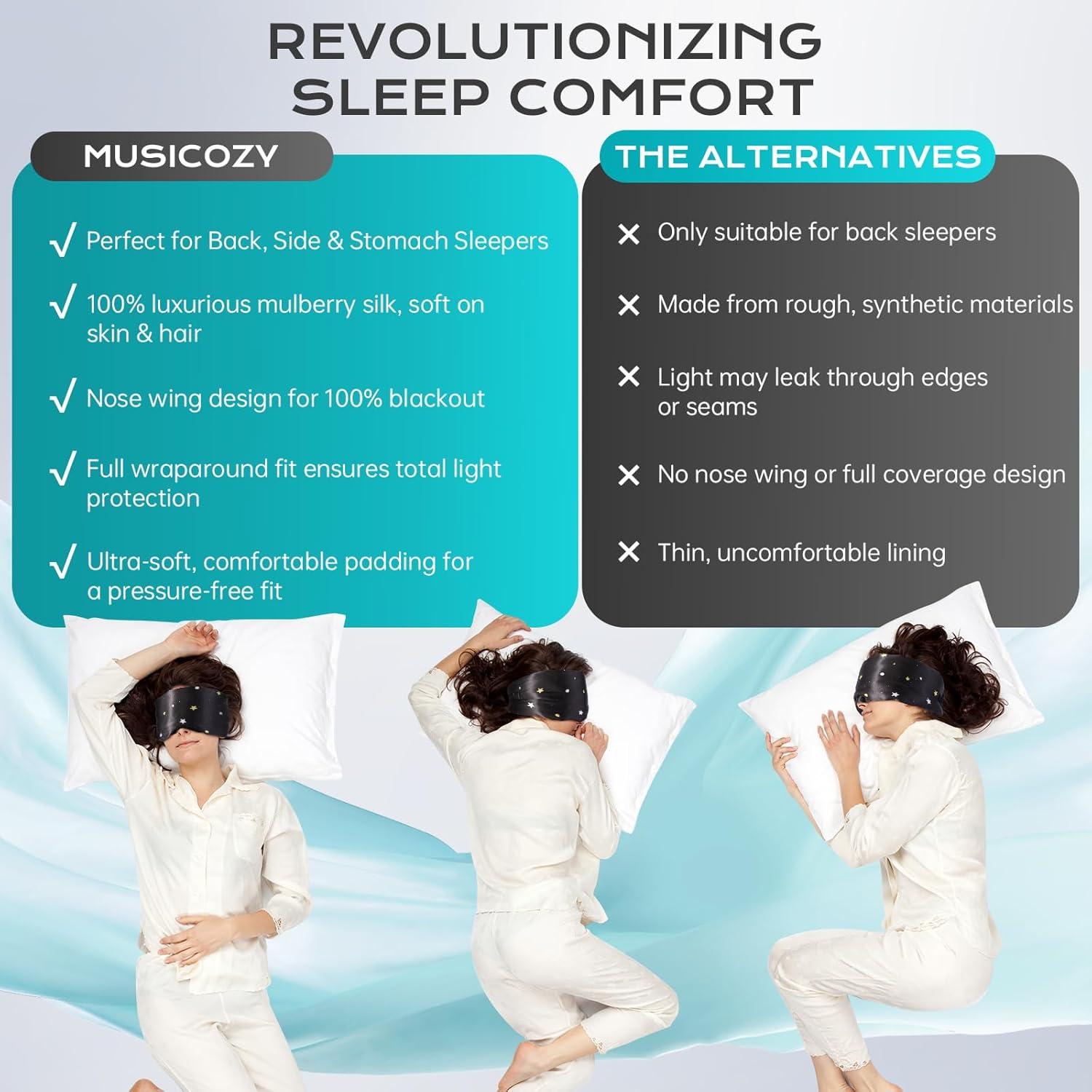 MÁSCARA DE SUEÑO MUSICOZY de Seda Morera Ajustable Negra