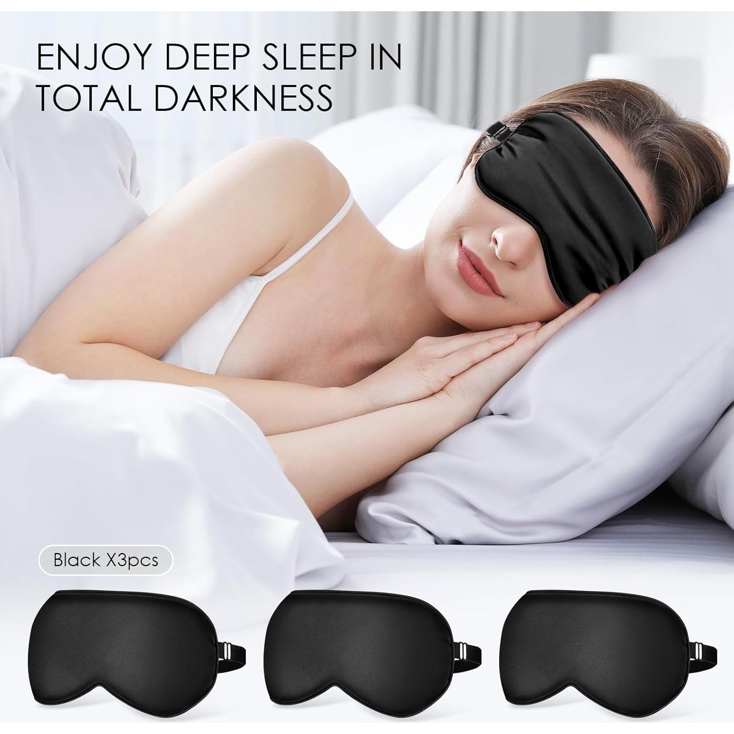 Máscaras de Sueño de Seda FlyCoco 3PCS Ajustables Negro