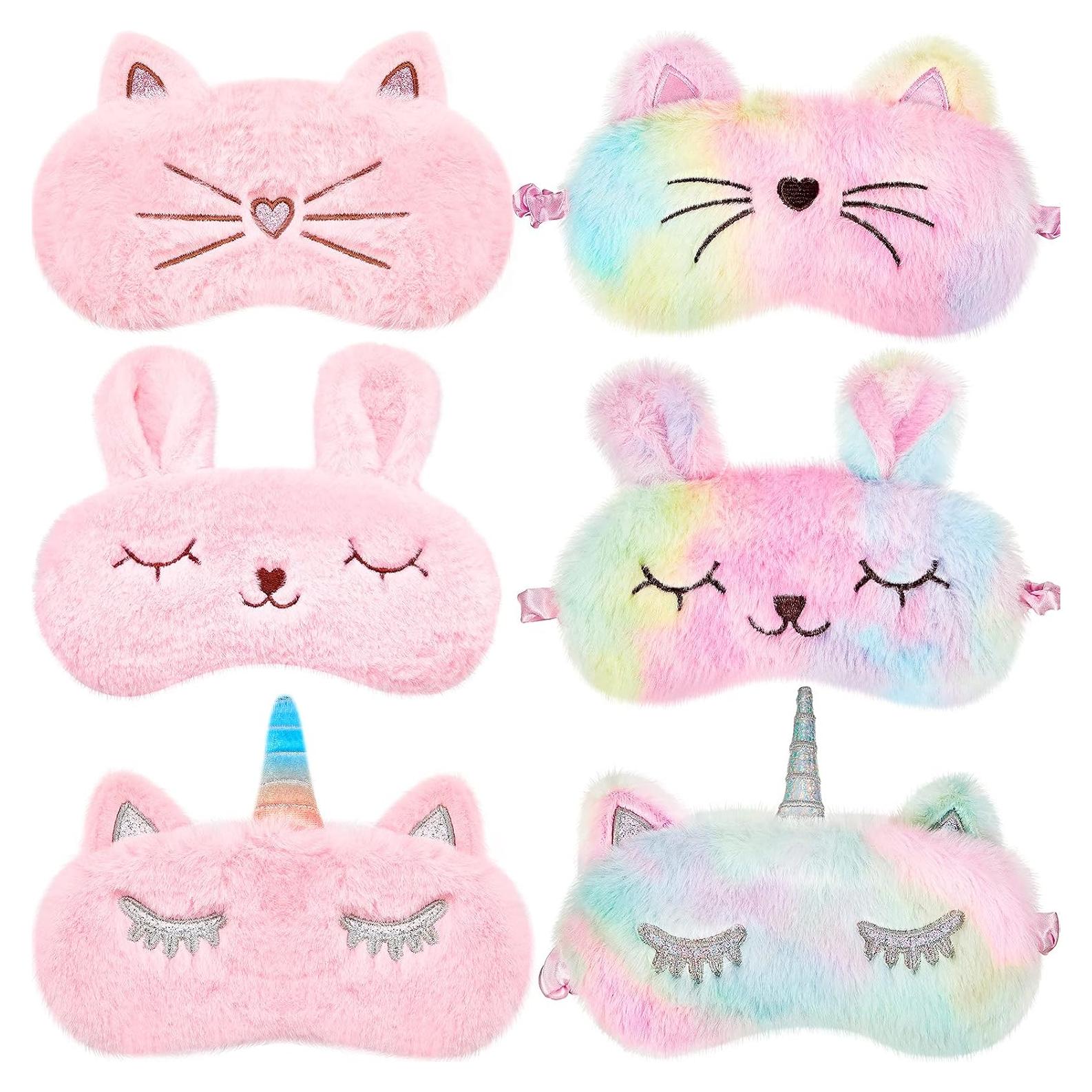 Geyoga 6 Pcs Máscaras de Sueño de Felpa - Conejo, Unicornio y Gato