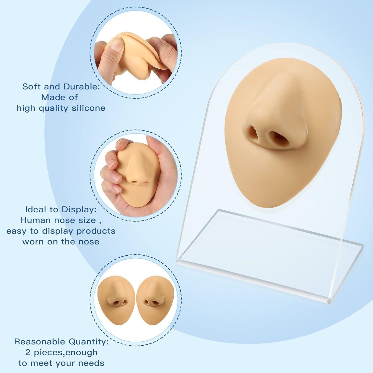 2 Piezas Nariz de Silicona Realista con Soporte Acrílico