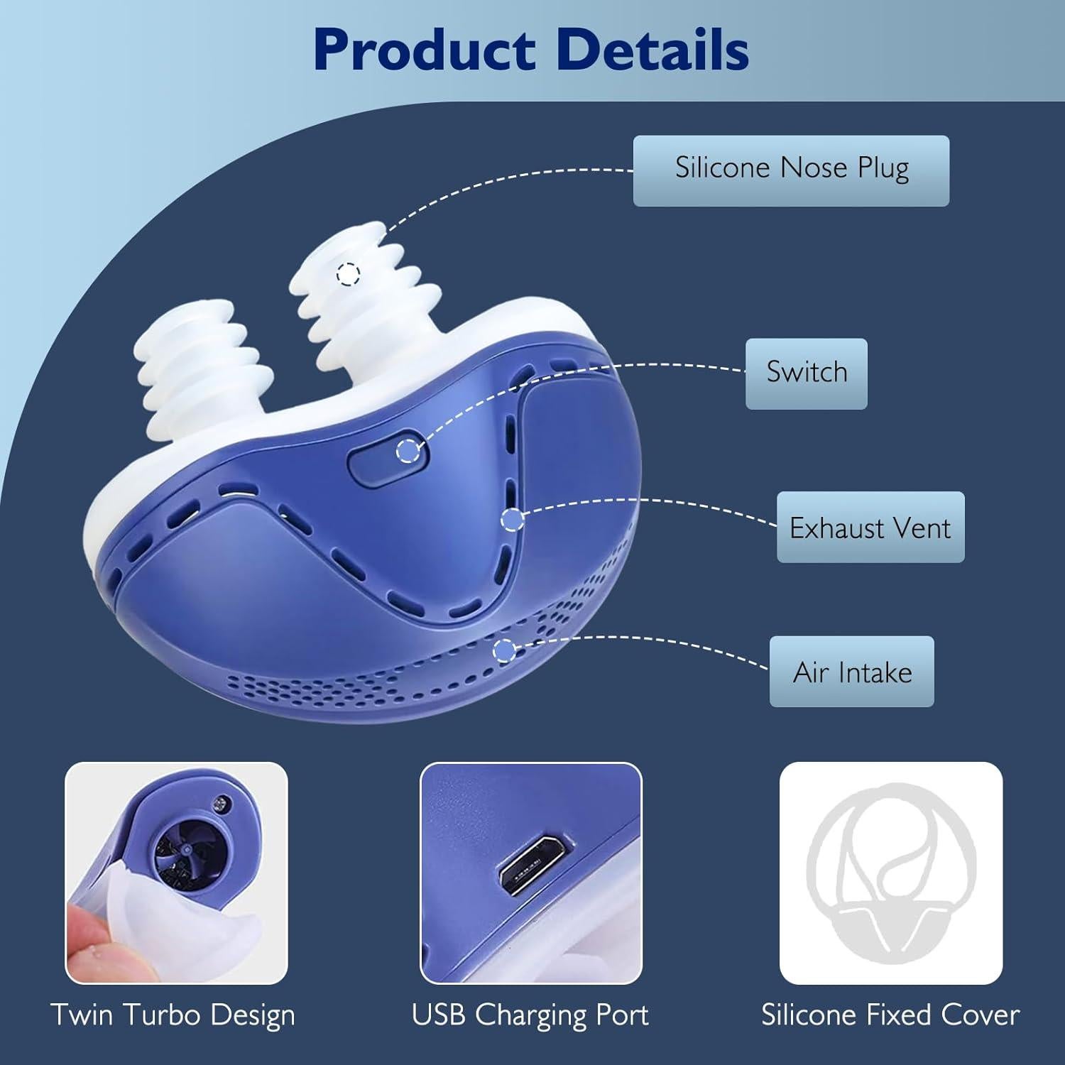 Dispositivo Anti Ronquidos NBF Azul, Ventilador Turbo Dual, Recargable