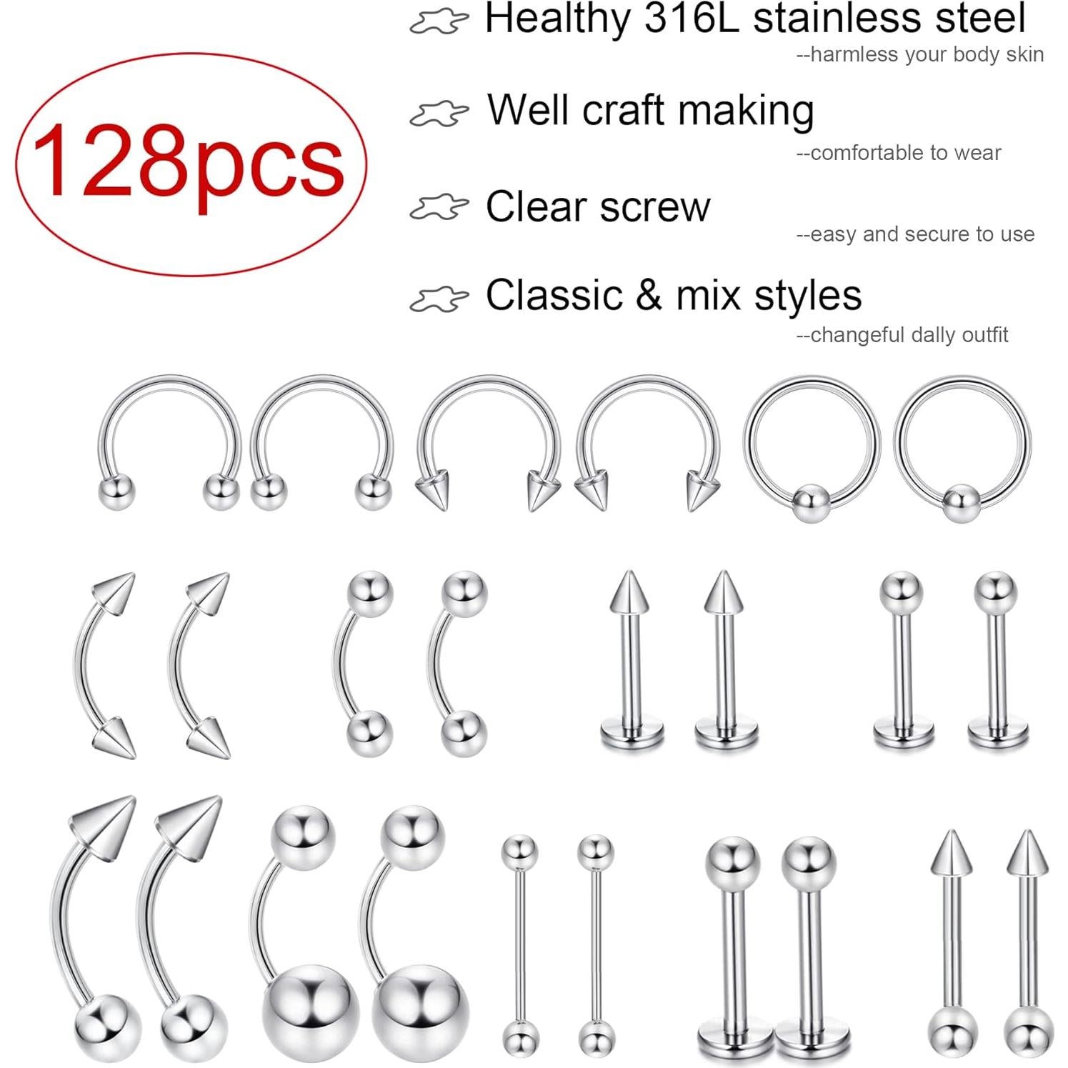 Juego de Joyería de Piercing Corporal 142 Piezas Ubjuliwa