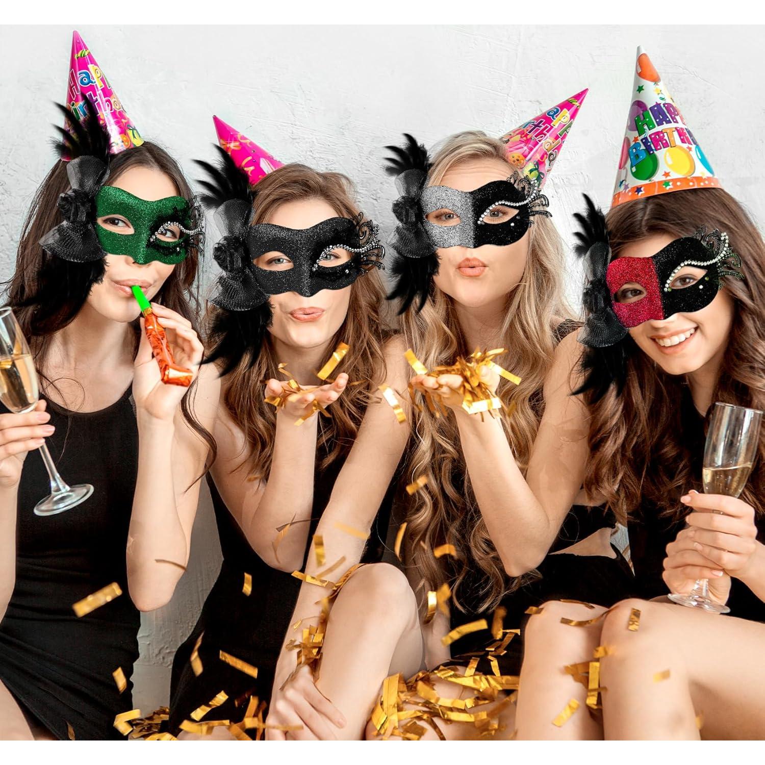 Máscara de Mascarada Elegante Verde con Plumas para Mujeres