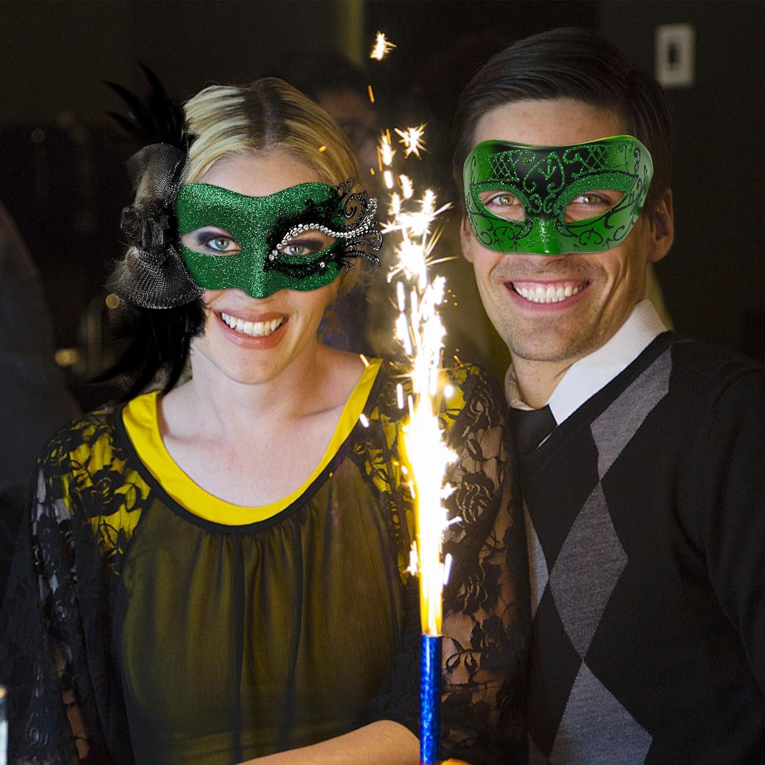 Máscara de Mascarada Elegante Verde con Plumas para Mujeres