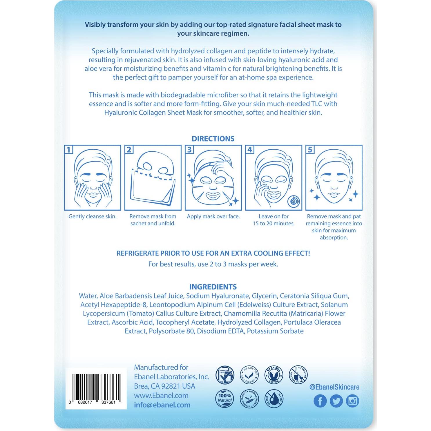 Mascarillas Faciales Hidratantes Ebanel - 20 Piezas Colágeno