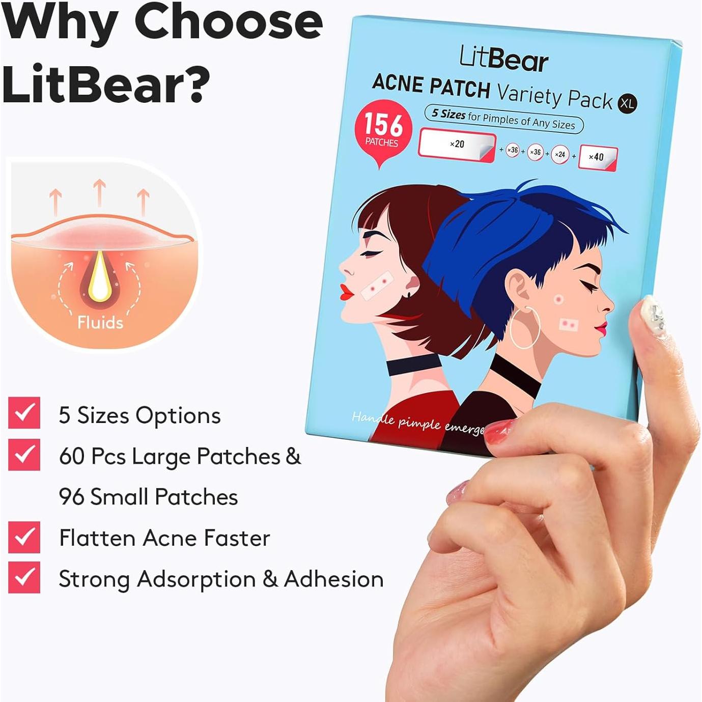 Parche Hidrocoloide para Granos LitBear - 156 Parches, 5 Tamaños