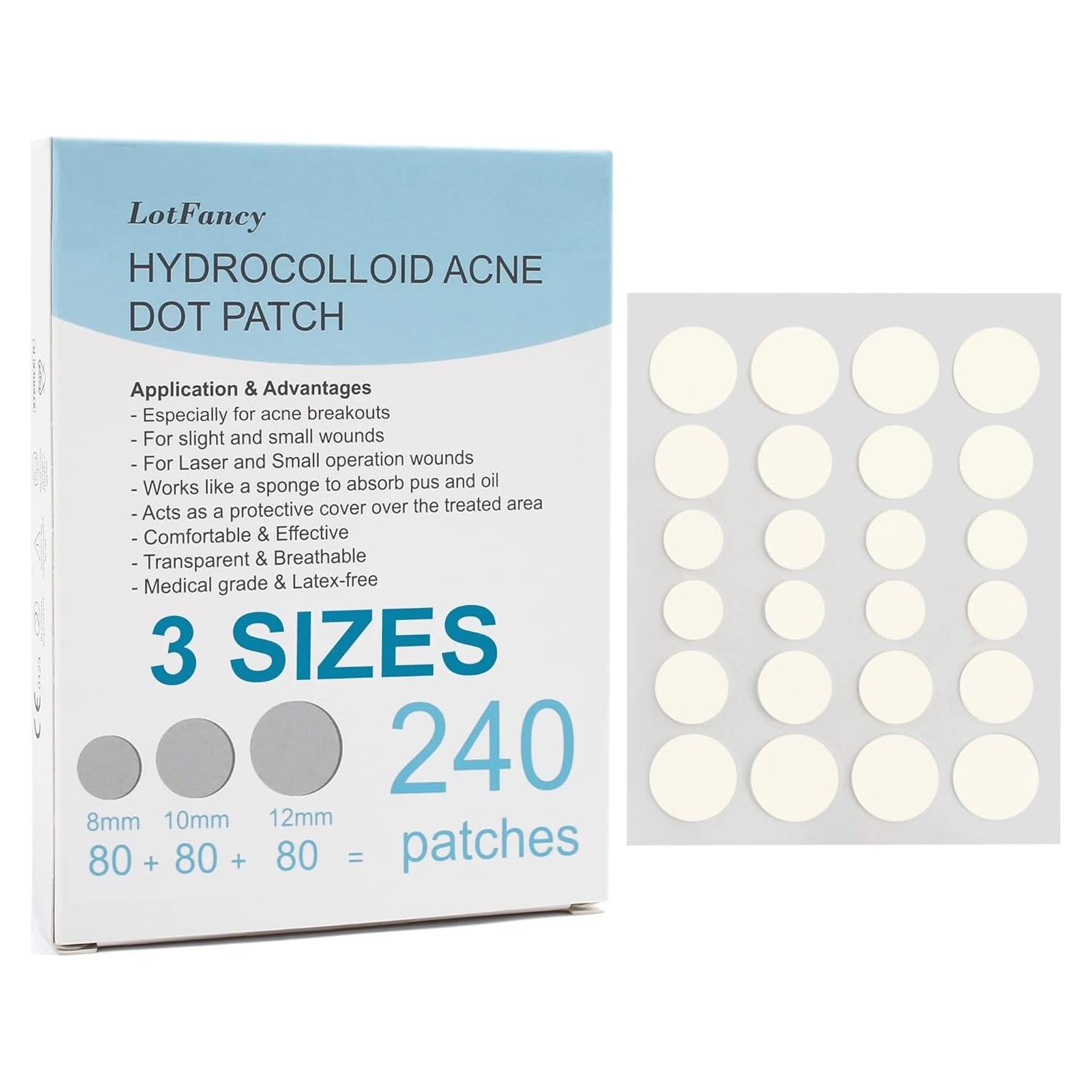 Parches para Acné LotFancy - 240 Unidades, 3 Tamaños (8, 10, 12mm)