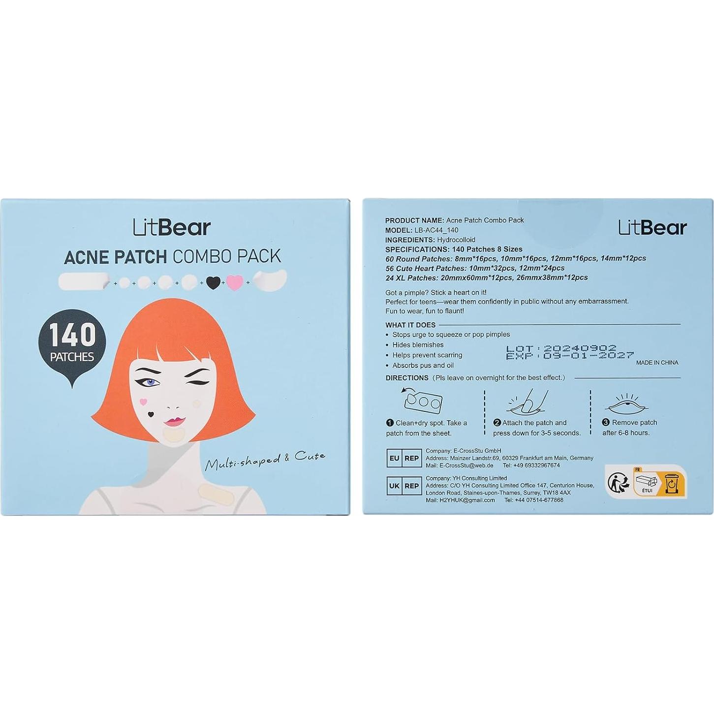 Parches Hidrocoloides para Acné LitBear - 140 Pcs, 8 Tamaños