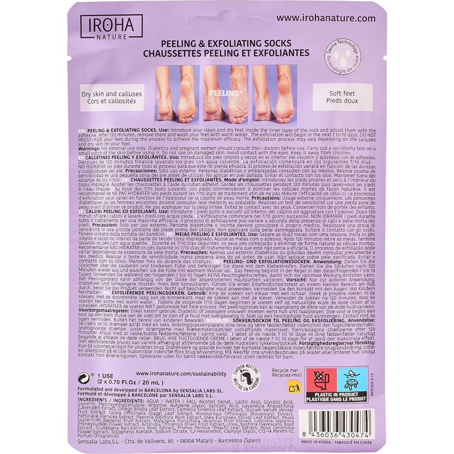 Calcetines Exfoliantes IROHA NATURE | 2 Pares | Ácidos Glicólico y Láctico