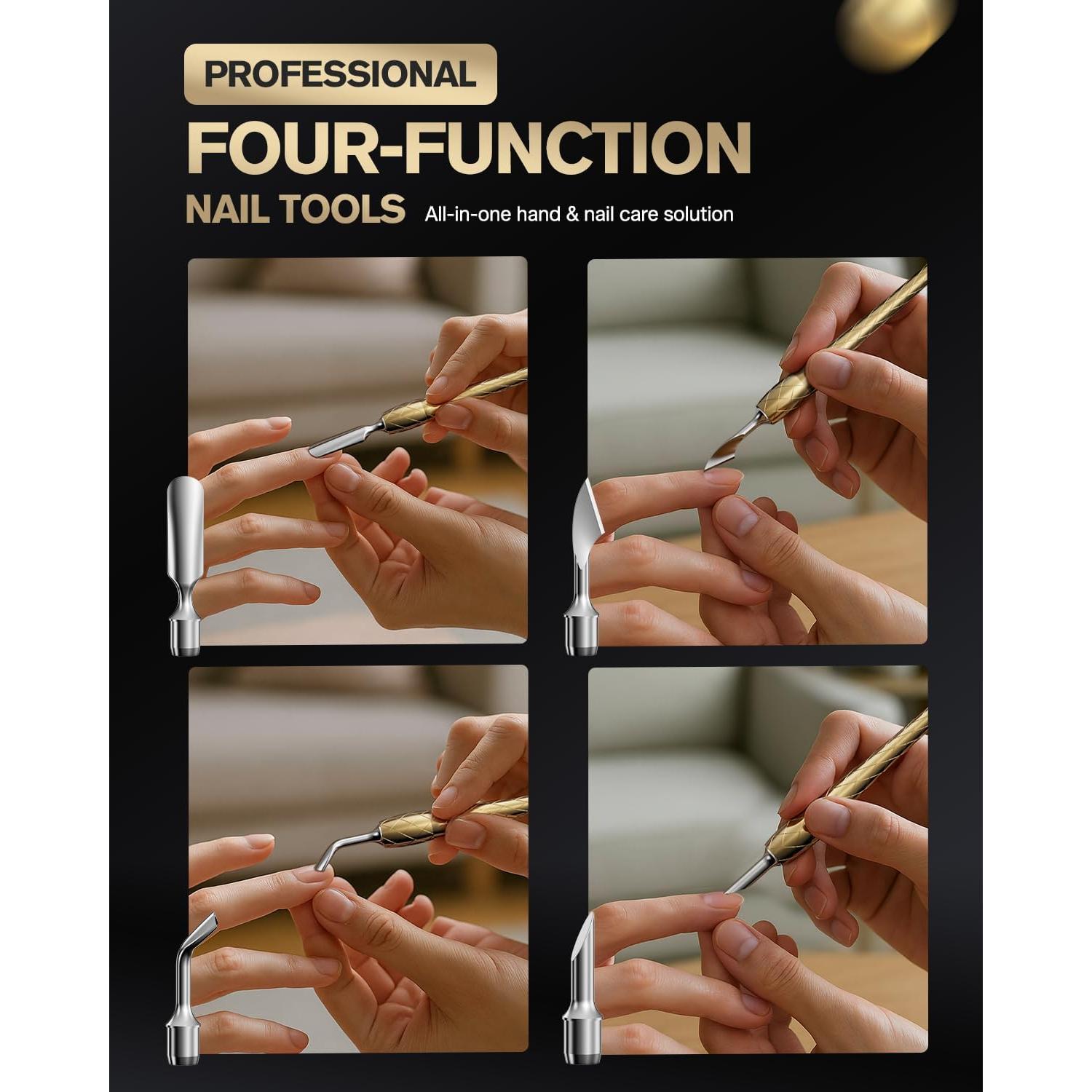 FERYES Herramienta Empujador Cutículas 4-en-1 Acero Inoxidable