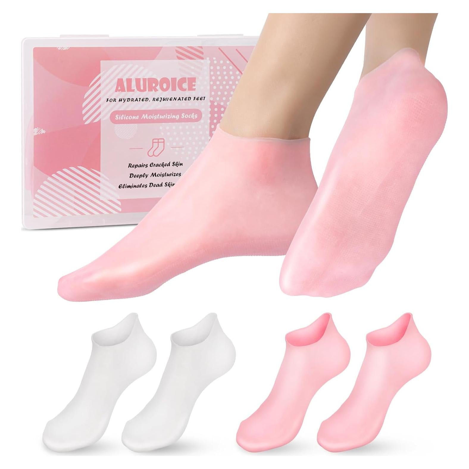 Calcetines Hidratantes de Silicona Aluroice - 2 Pares Rosa y Blanco