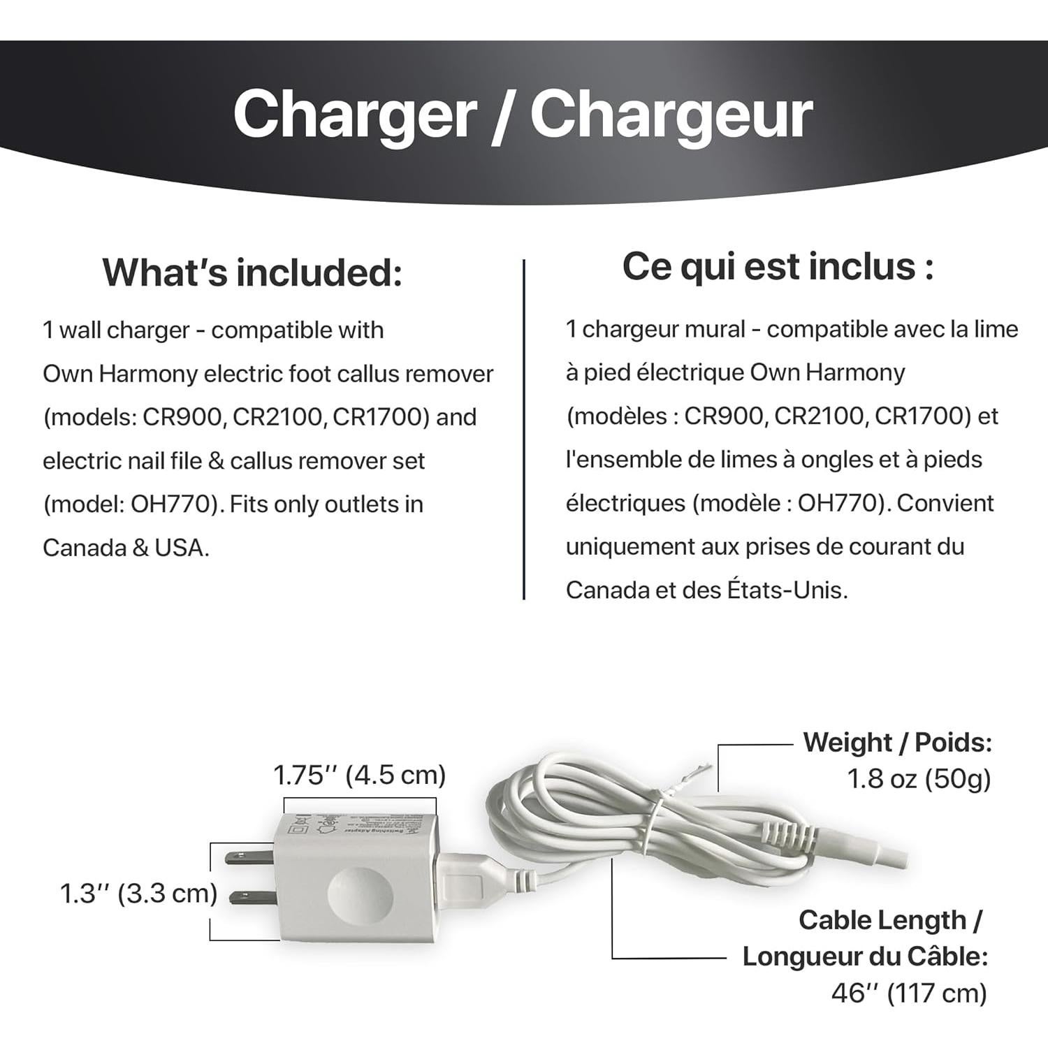 Cargador USB Own Harmony para Removedor de Callos CR900, CR2100, CR1700