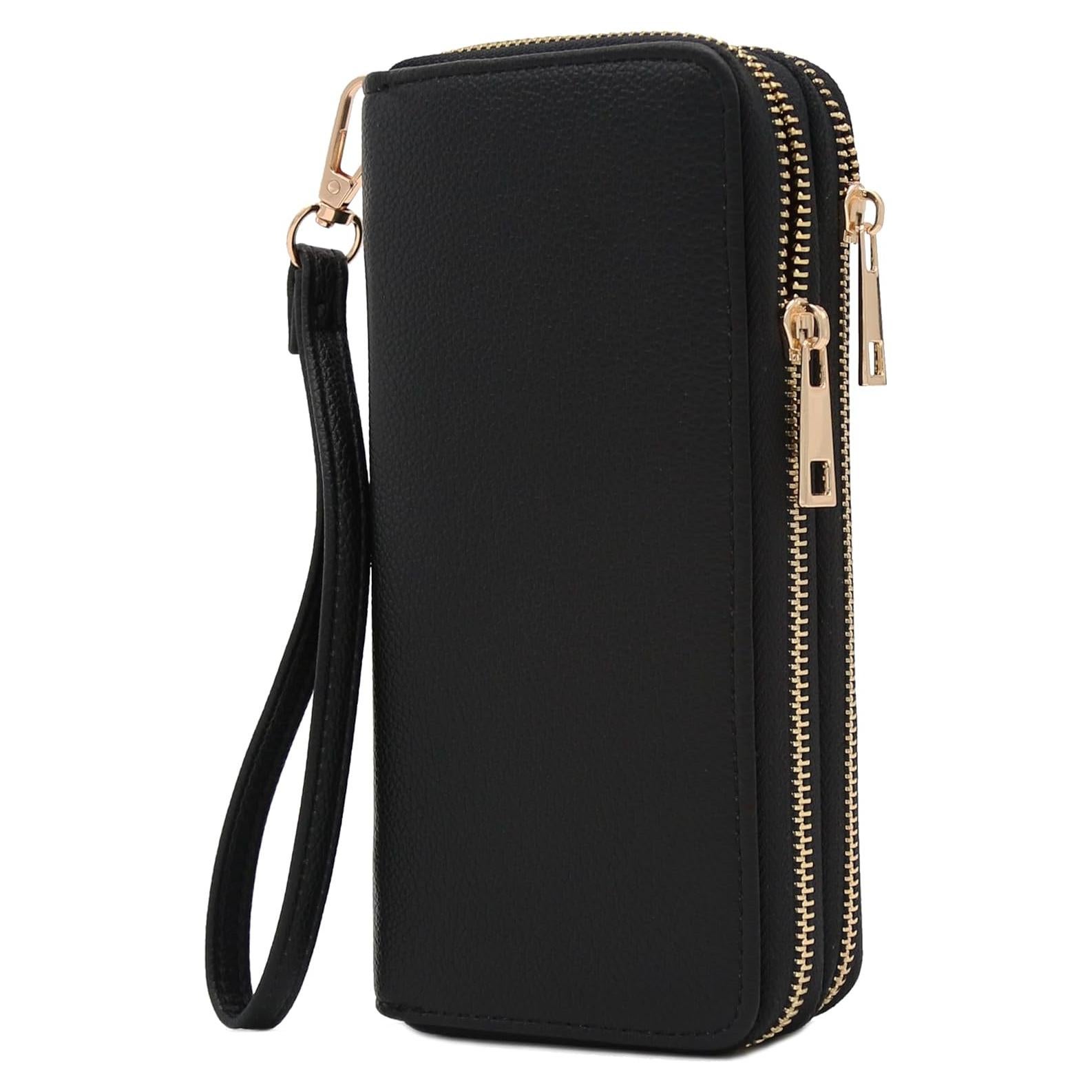 Cartera de muñeca PU FashionPuzzle negra con doble cremallera