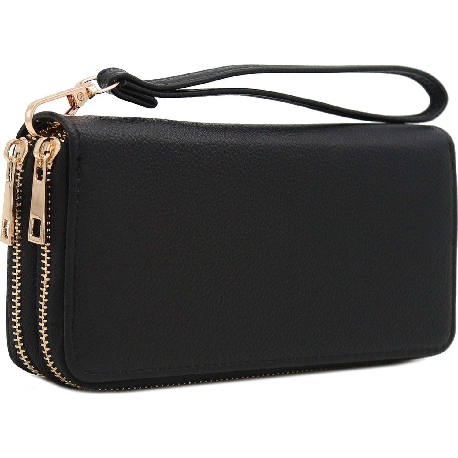Cartera de muñeca PU FashionPuzzle negra con doble cremallera