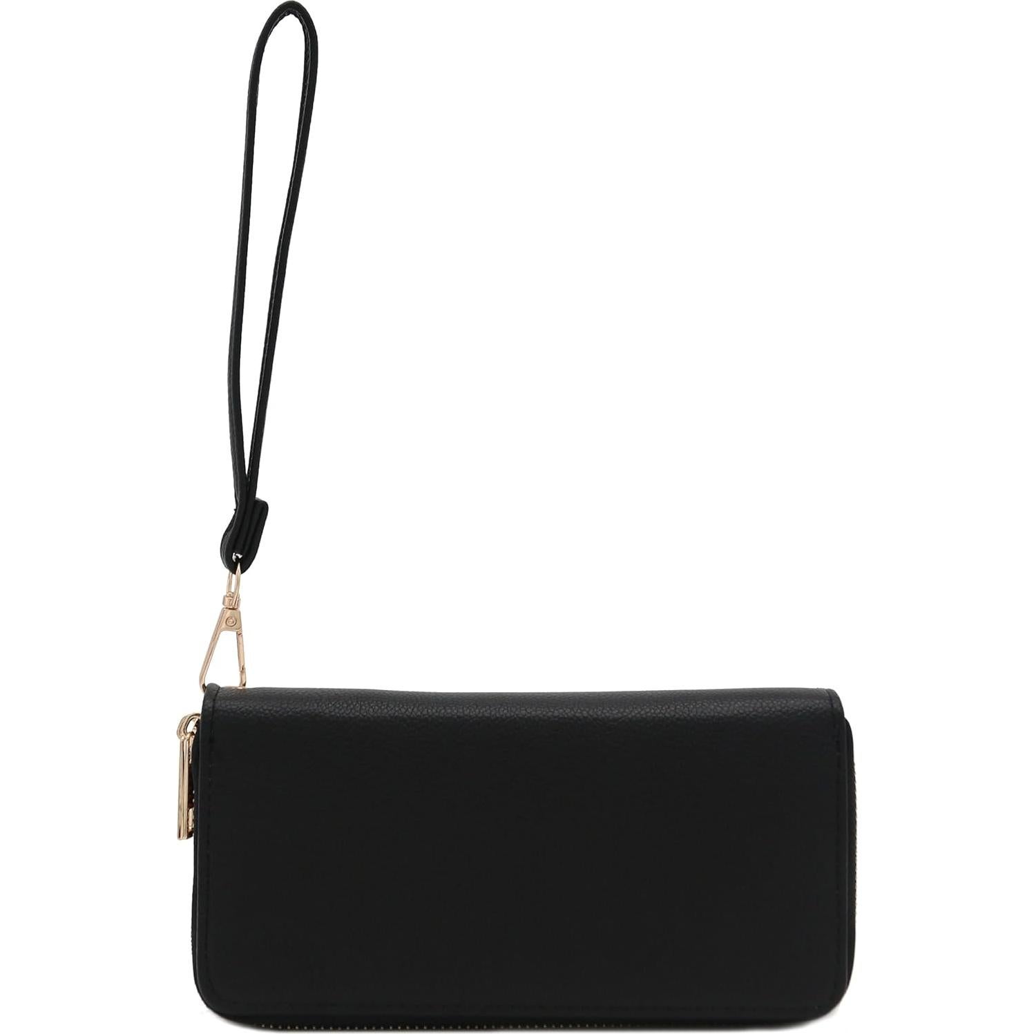 Cartera de muñeca PU FashionPuzzle negra con doble cremallera