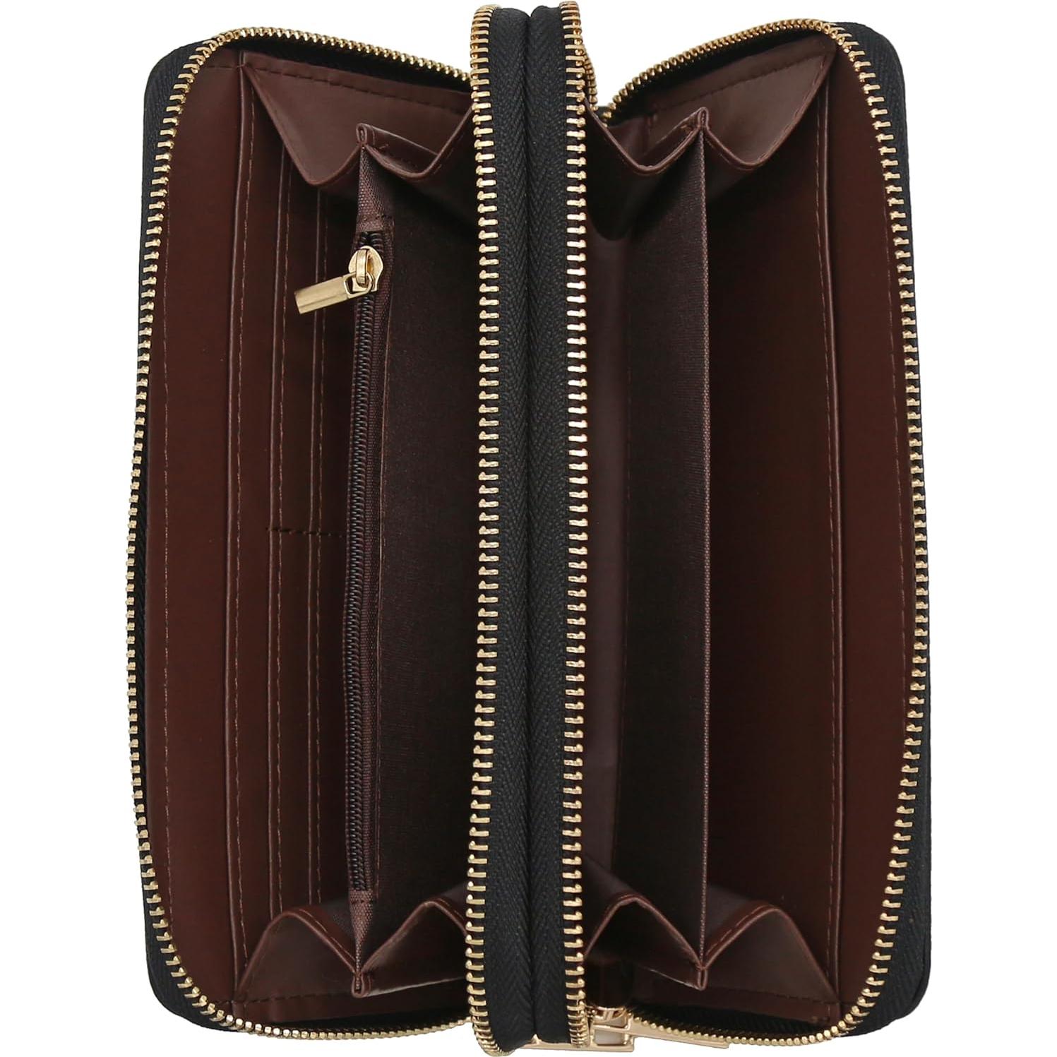 Cartera de muñeca PU FashionPuzzle negra con doble cremallera