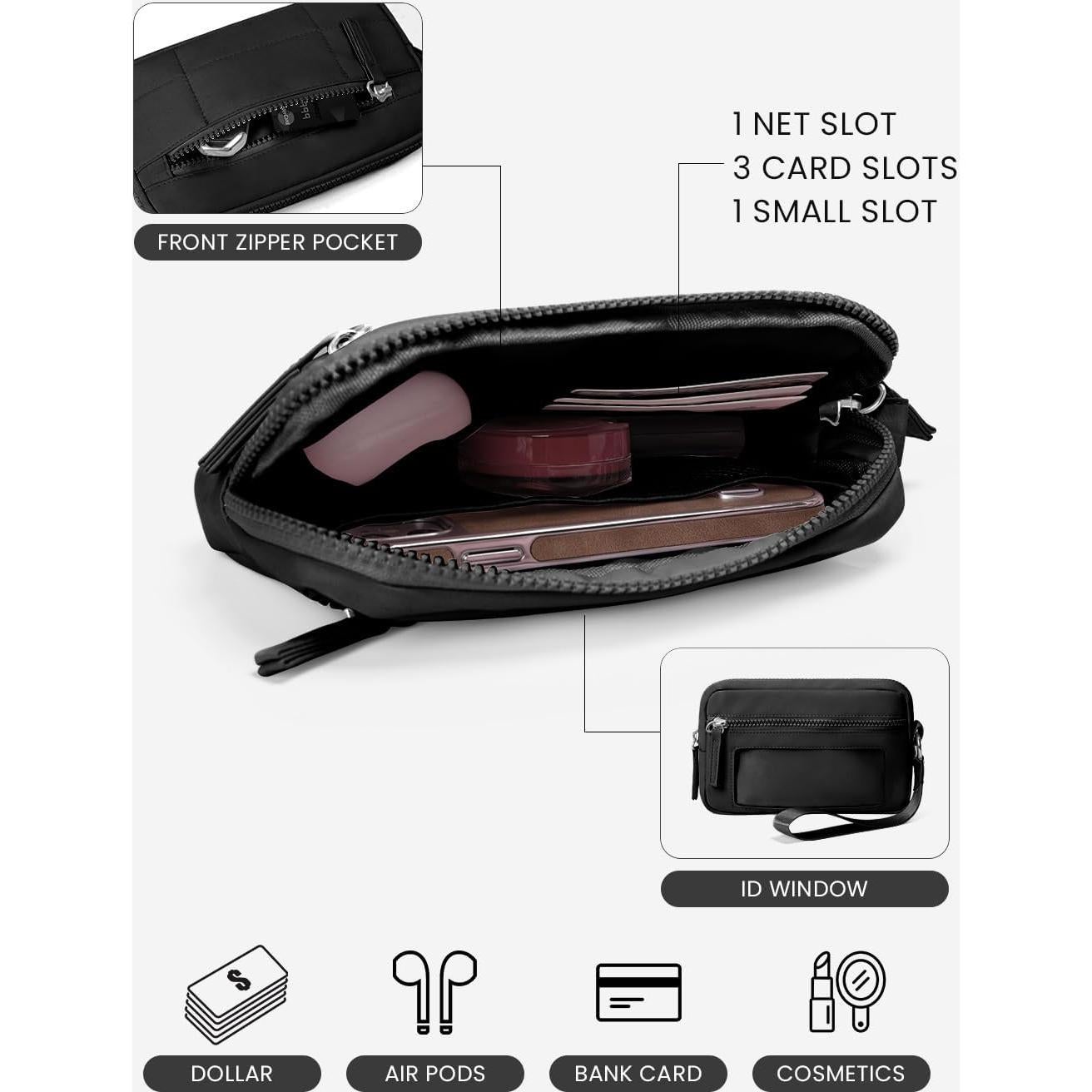 Cartera de muñeca para mujeres Nylon Acolchada RFID Negro