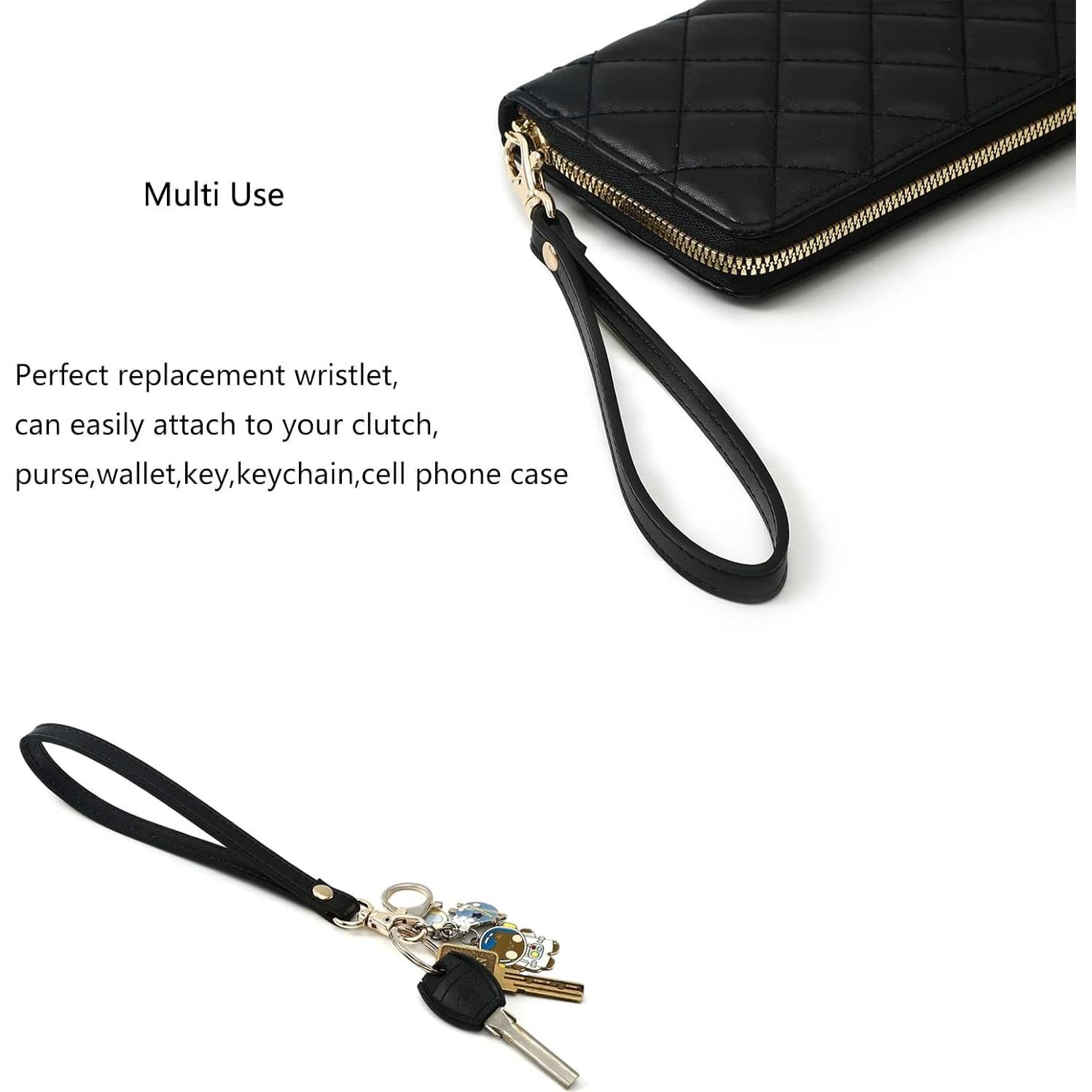 Correa de muñeca de cuero negro para bolso y teléfono