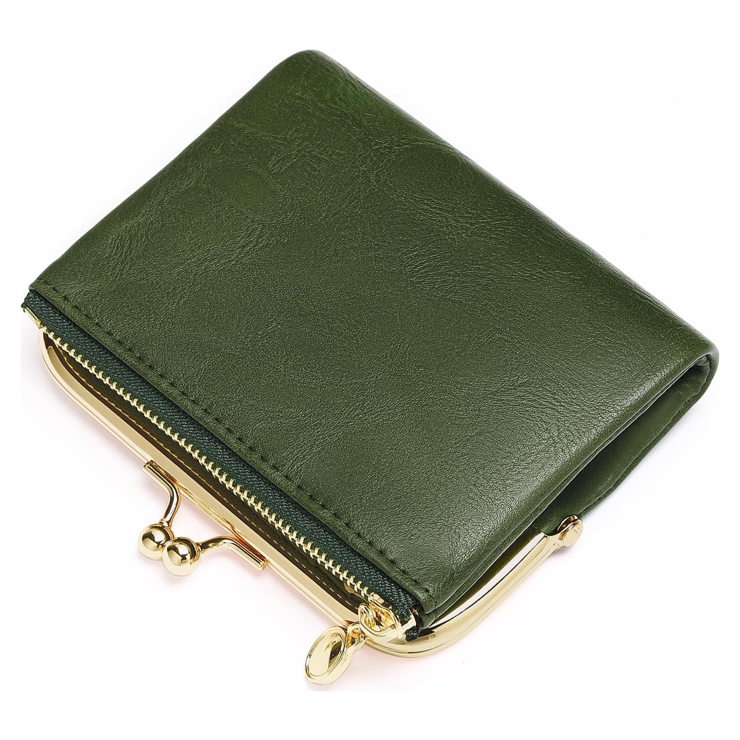 Cartera Bifold Mujer RFID Bloqueo Cuero Vintage Verde 12x10x2cm