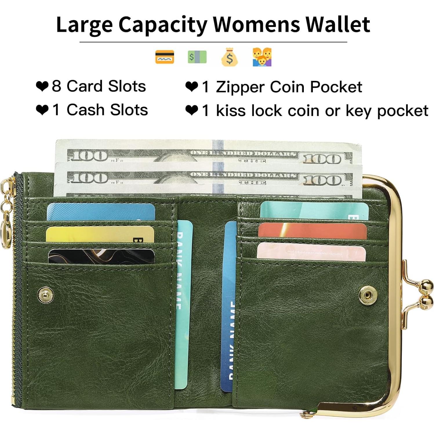 Cartera Bifold Mujer RFID Bloqueo Cuero Vintage Verde 12x10x2cm